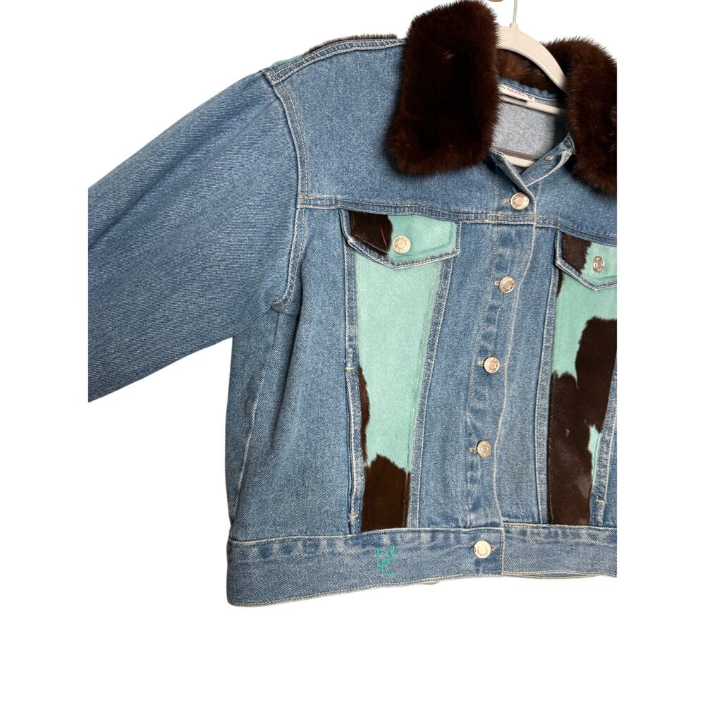 Jacket Happy by Debbie Clemens blue and brown cow hide denim‎ jacket fur lined - Picture 8 of 14
